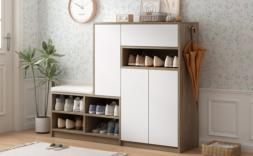 ON-TRANS 2-in-1 shoe storage platform and shoe cabinet, with soft cushioned seats and adjustable shelves, white