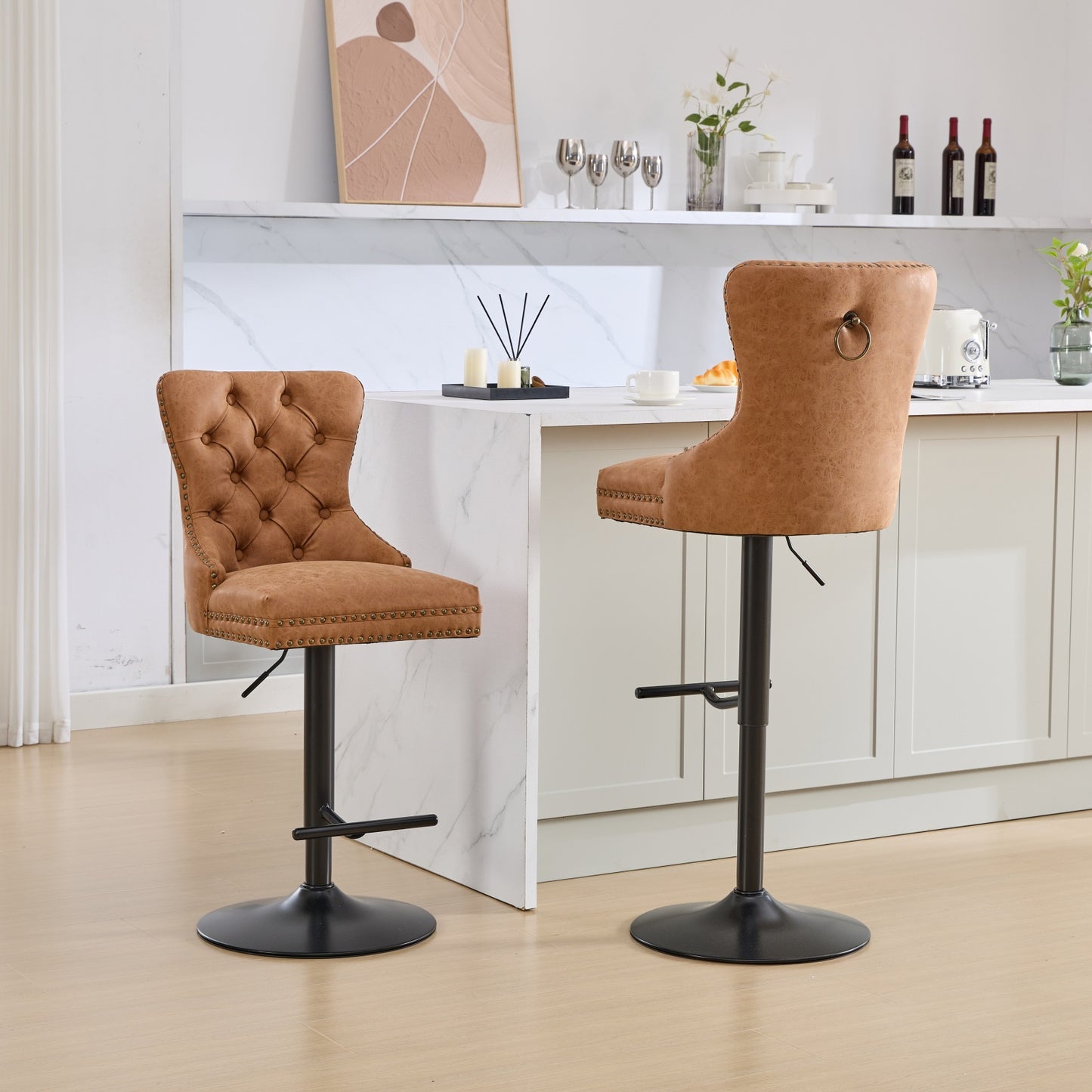 Vintage PU rotating bar stool, seat height adjustable from 25-33 inches, modern bar stool (orange, 2-piece set)