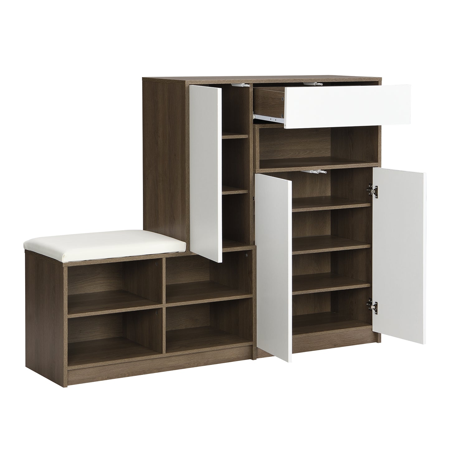 ON-TRANS 2-in-1 shoe storage platform and shoe cabinet, with soft cushioned seats and adjustable shelves, white