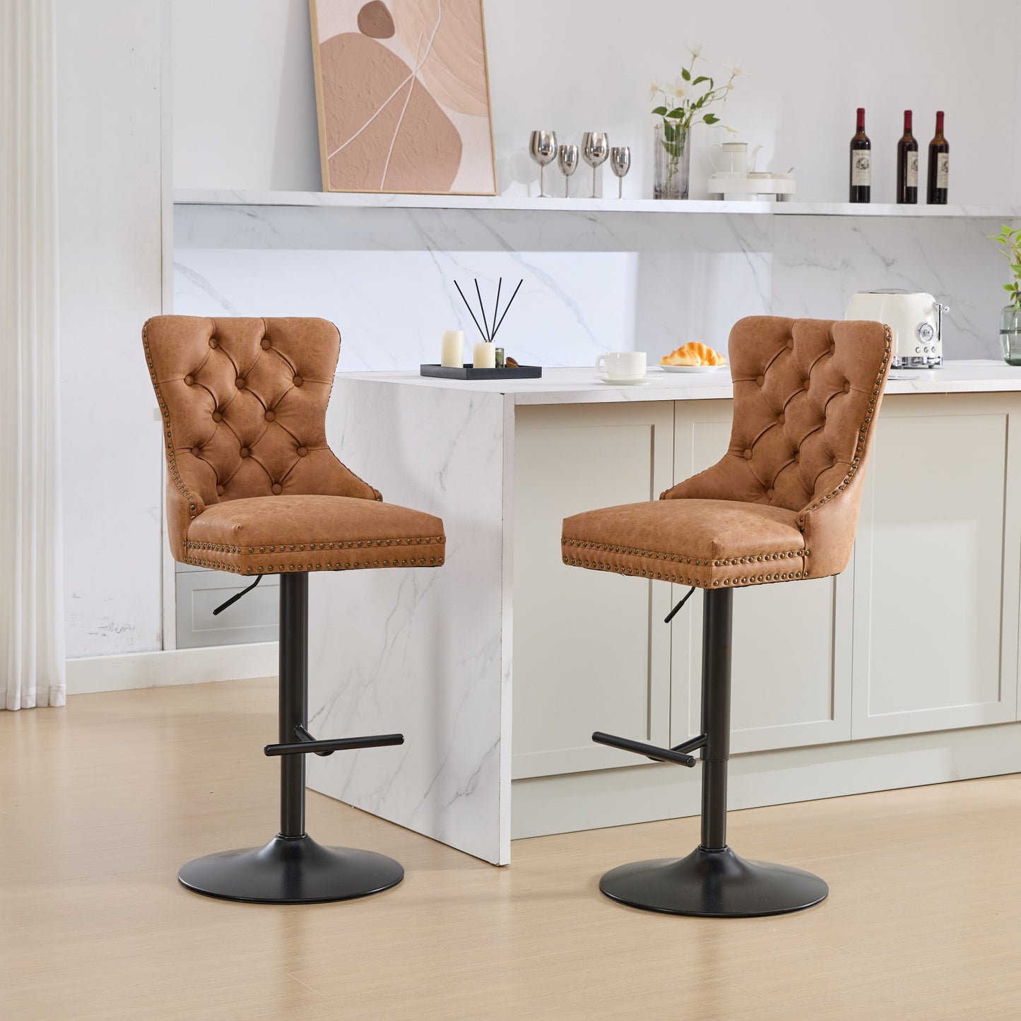 Vintage PU rotating bar stool, seat height adjustable from 25-33 inches, modern bar stool (orange, 2-piece set)