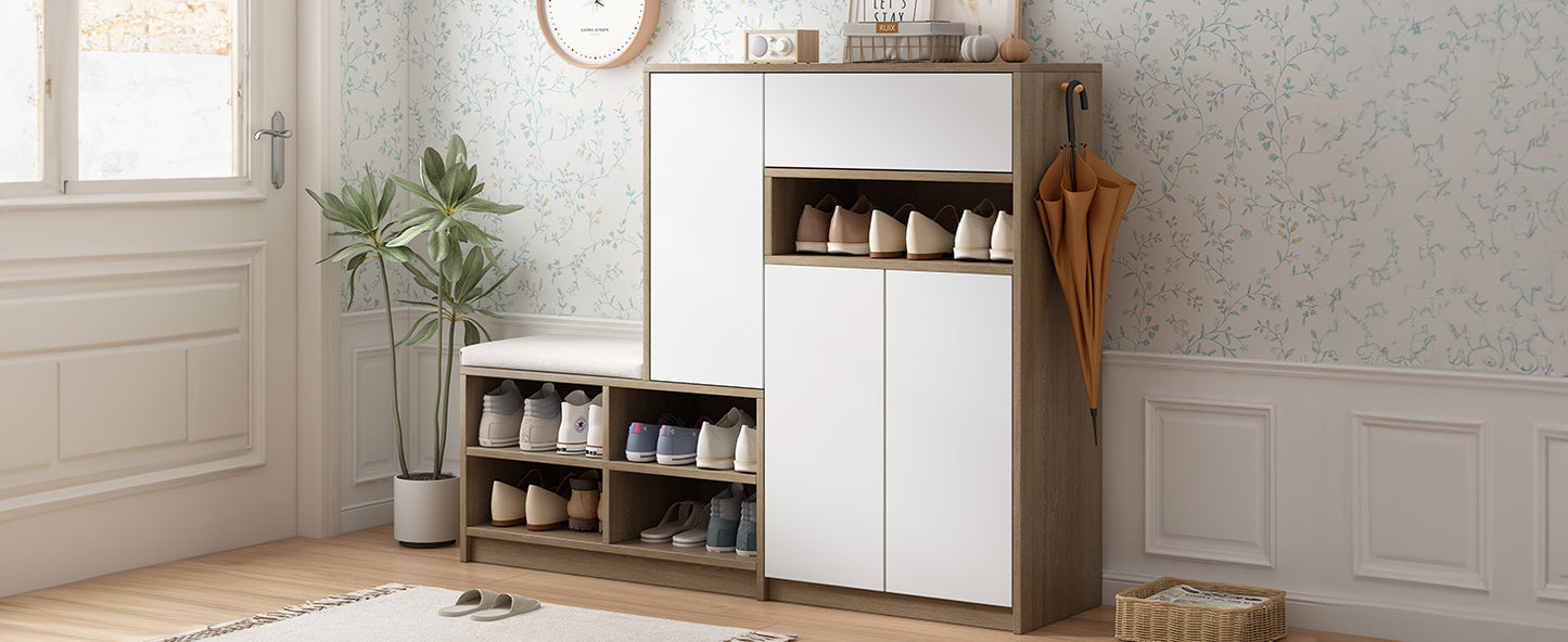 ON-TRANS 2-in-1 shoe storage platform and shoe cabinet, with soft cushioned seats and adjustable shelves, white